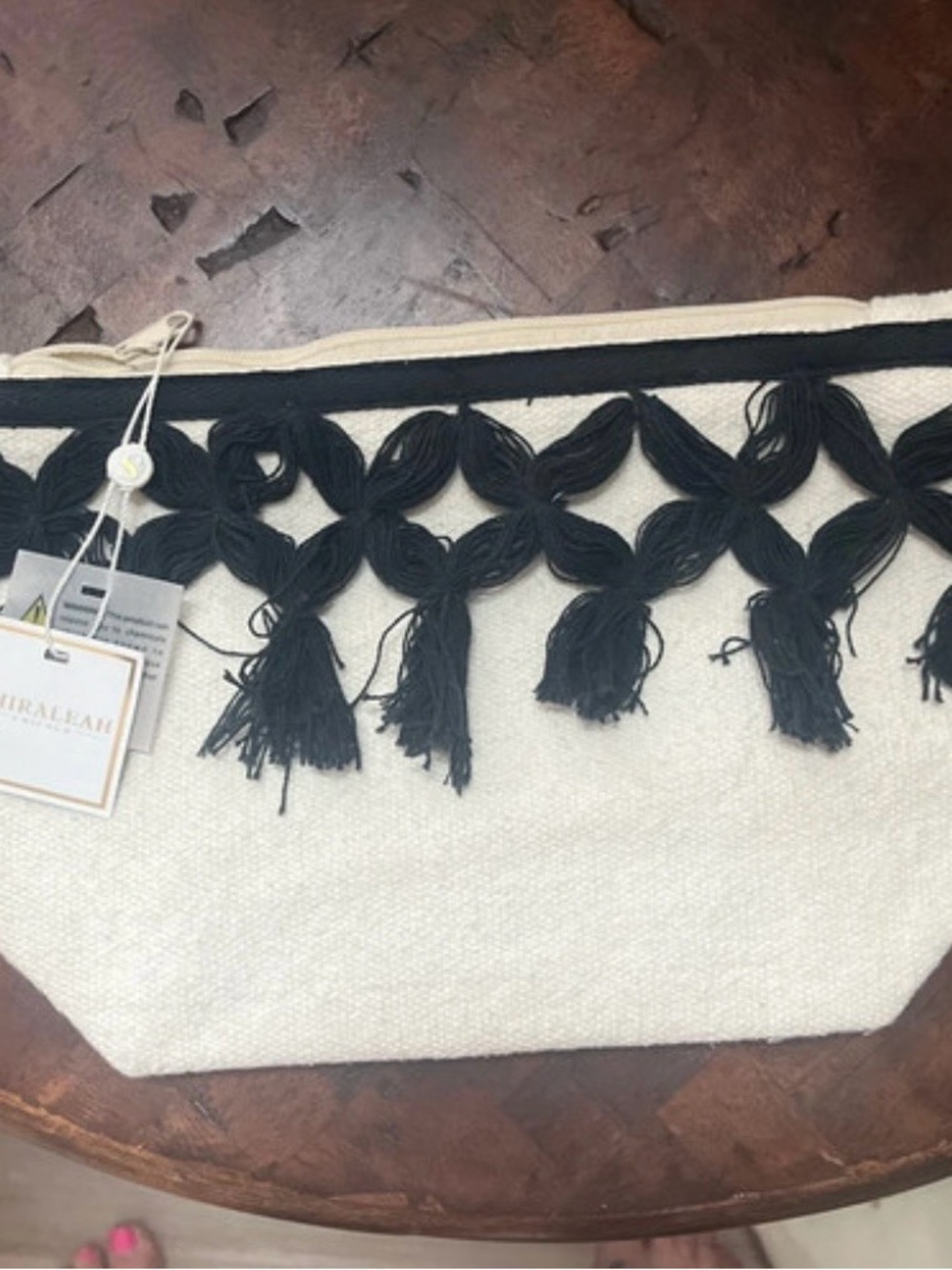Woven Tassel Accent Canvas Clutch or Makeup Bag- Black & Cream